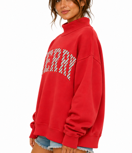 Women’s Casual Embroidered Mockneck Sweatshirt Long Sleeve Breathable Cotton Polyester Fleece Loose Fit Streetwear <b>Top</b> - Product Image 4
