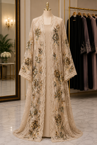 Ensemble Abaya Salwar Kameez beige brodé en dentelle pour femmes musulmanes, robe formelle florale transparente pour occasions de prière - Product Image 3