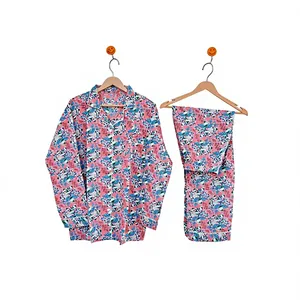 Conjunto de Pijama de Algodón 100% con Estampado Floral para Mujer, Venta al por Mayor, Hecho a Mano, Manga Larga, Cuello Camisero, Suave, Ropa de Dormir Larga, Ropa Casual - Product Image 1