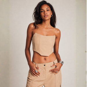 Women Genuine Lambskin Leather Strapless <b>Corset</b> Top <b>Beige</b> Nude Soft Leather Bustier Crop Top Luxury Real Leather Tube Top - Product Image 1