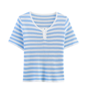 <b>Women's</b> Blue <b>White</b> Striped Knitted <b>Short</b> <b>Sleeve</b> V Neck Button Up Casual T-<b>Shirt</b> Spring Summer Breathable Regular Fit - Product Image 1