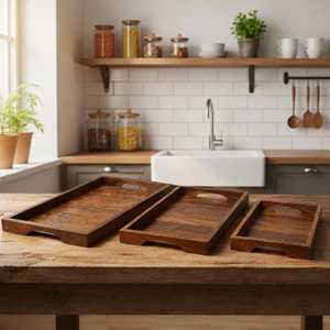 Ensemble de plateaux de service en bois faits à la main, style rustique en noyer, plateaux pour le petit-déjeuner, décoration de cuisine de style farmhouse, plateau de service en bois pour aliments - Product Image 2