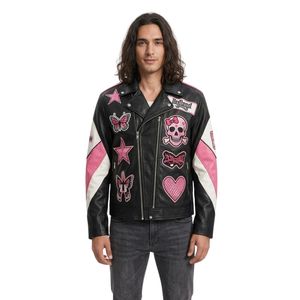 Retro Distressed <b>Leather</b> Patches <b>Jacket</b> <b>Mens</b> Soft <b>Sheepskin</b> Front Zip Moto Rider Outerwear Breathable <b>Jackets</b> - Product Image 3