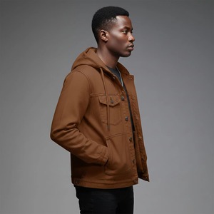 Chaqueta con Capucha de Mezclilla Marrón para Hombre, con Bolsillos, Corte Regular, Estilo Casual, para Otoño, Diseño con Costuras Resistentes al Viento - Product Image 3