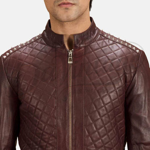 Chaqueta de Cuero Genuino Borgoña Premium para Hombre, Acolchada, Corte Ajustado, Estilo Biker, Cuello Alto, Prenda Exterior Casual y Elegante - Product Image 6