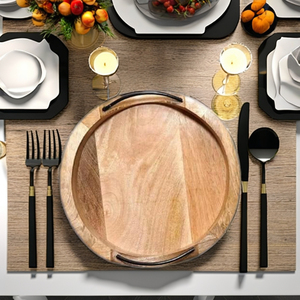 Plateau de service rond en bois moderne et durable fait à la main avec poignée en fer, compatible lave-vaisselle, pour cuisine, table à manger, plateau décoratif pour ottoman - Product Image 3