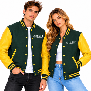 Veste universitaire unisexe vert et jaune à blocs de couleur, manches en cuir, boutons-pression sur le devant, logo brodé, style décontracté streetwear - Product Image 1