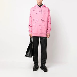 เสื้อฮู้ดซิปแบบสวมหัวสำหรับผู้ชาย ล้างสีแบบแอซิดวอช ทำสีซีดแบบซันเฟด ตัวอย่างงานปักลายแบบดิสเทรส พร้อมแพทช์ปักลายแบบดิสเทรส  แบบครอป - Product Image 1