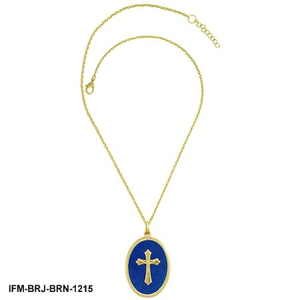 Collier pendentif religieux artisanal en laiton avec gravures de crucifix, émail bleu marine, revêtement anti-ternissement, chaîne réglable - Product Image 4