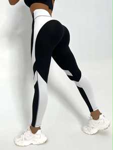 High Waisted Black <b>White</b> Geometric <b>Leggings</b> Full Length Knitted Sporty Stretch Breathable Compression <b>Women's</b> Yoga Wear - Product Image 3