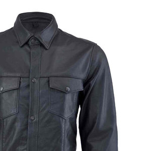 Men's Black <b>Leather</b> Casual <b>Shirt</b> Long Sleeve Button Front Turn-Down Collar Solid Color Workwear Style Autumn Wear - Product Image 1