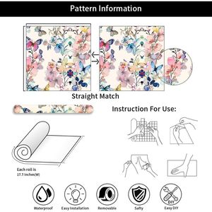 Carta da Parati Adesiva con Farfalle Fatate Rosa/Viola, Stile Botanico Acquerello, Giallo Blu, Vintage - Product Image 4