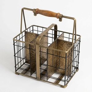 Cesta de Metal Hecha a Mano con Asa de Madera, 27 cm, Latón Antiguo Negro, Porta Botellas para 6 Botellas, Mango Grip, Decoración para el Hogar - Product Image 1