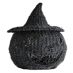 Icónico Jack-O'-Lantern Negro de Mimbre con Tapa de Sombrero de Bruja, Almacenamiento Artesanal Espeluznante para Dulces de Halloween - Product Image 2
