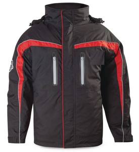 Veste de pêche pour homme noire et rouge à capuche avec fermeture éclair, logo sur la manche gauche, imperméable, manches longues, style color block - Product Image 1