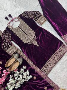 Ensemble Salwar Moderne en Velours de Viscose Lourd Pur, Longueur Ras du Sol, pour Femme, Manches Longues, Broderie Lourde, Prêt-à-porter pour Fêtes - Product Image 3