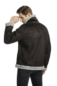 Men's Black PU Leather Eco-Friendly Motorcycle <b>Jacket</b> <b>with</b> Sherpa <b>Lining</b> Zipper Closure High Street Moto Biker Style Winter Wear - Product Image 2