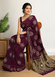 Sari indien en gros pour mariage, en Georgette couleur vin, brodé, tenue traditionnelle pour femme, robe de mariée de créateur avec chemisier - Product Image 4