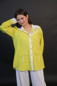 Chemisier jaune contrastant boutonné pour femme, manches longues, coupe ample, décontracté, avec poches, tissé, long, 2XL, pour printemps-été - Product Image 4