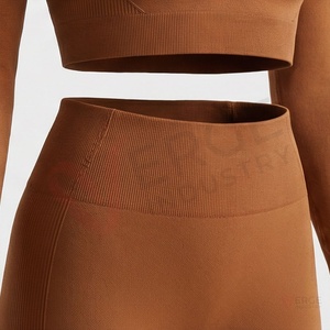 Ensemble de yoga 2 pièces pour femmes, haut court à manches longues côtelé marron, leggings taille haute - Product Image 5
