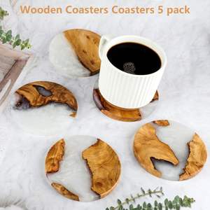 Sous-verres absorbants en bois, sous-verres en résine époxy pour table basse, protection et décoration de table, lot de 5 avec support - Product Image 2