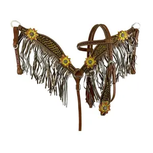 Hecho a mano 100% cuero de vaca occidental Headstall pecho collar conjunto 3D Floral acento pintado fabricante al por mayor suministro - Product Image 1