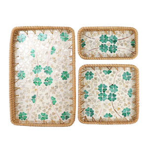 Elegante Bandeja Rectangular de Ratán con Madreperla, Patrón de Mosaico de Trébol Verde, Plato para Encimera de Tocador, Venta al por Mayor - Product Image 2