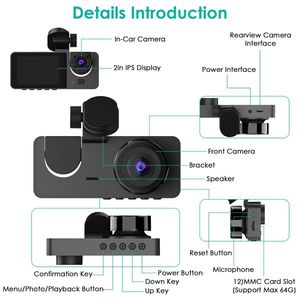 Dash Cam con Scheda MMC 32G, Sensore G, Registratore di Guida Anteriore e Posteriore, DVR per Auto con Rilevamento del Movimento, Monitoraggio Parcheggio, 3 Canali - Product Image 4