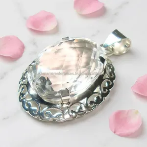 925 Sterling <b>Silver</b> Crystal Quartz Pendant Handmade Vintage Style Clear Gemstone Jewelry Wholesale Indian Artisan Pendant - Product Image 4