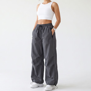 <b>Grey</b> Nylon Windbreaker <b>Women's</b> Parachute Track Pants Wide Leg <b>Cargo</b> <b>Trousers</b> with Drawstring Cinch Ankle - Product Image 1