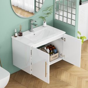 Meuble-lavabo mural blanc brillant de 30 pouces avec doubles portes à fermeture douce, crochets et longues poignées métalliques dorées pour une installation facile - Product Image 4