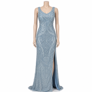 Luxury Sky Blue Beaded Evening Gown for Women Sleeveless Designer <b>Sequin</b> Embroidered Side Slit Party Prom Wedding Reception Maxi - Product Image 1