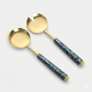 American Style Metal Spoon & Fork Set With Brass Gold Leaf Design Handle for Hotels Tabletop Silver Salad <b>Server</b> On Sale - Product Image 5