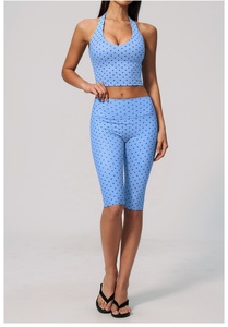 wholesale Blue Dot Print Yoga Set Halter <b>Crop</b> <b>Top</b> High Waist Knee Length Leggings Breathable Spandex Polyester 2 Piece - Product Image 5