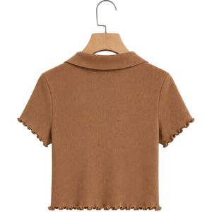 เสื้อโปโลครอปแขนสั้นทรงเข้ารูป คอวี ผ้าริบถัก สีน้ำตาล สำหรับผู้หญิง ผ้ายืด คอตตอนผสมสแปนเด็กซ์ สไตล์ลำลอง แฟชั่นฤดูร้อน - Product Image 2