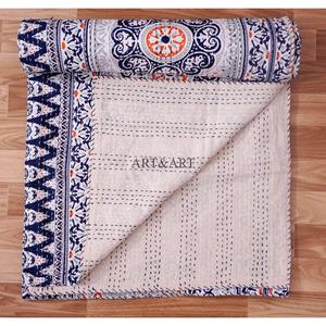 Couvre-lit Kantha indien fait main, 100% coton, imprimé à la main, motif floral, poids du tissu 220g, origine Rajasthan - Product Image 5