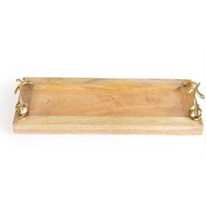 Plateau de service en bois naturel massif au design vintage, best-seller pour la cuisine, avec poignées en métal florales, plateau de service pour aliments - Product Image 5