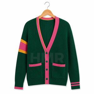 Fabricant OEM ODM HMR, cardigan d'automne pour femmes, tricoté, style universitaire, uni, vert et rose, boutonné - Product Image 5
