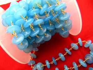Natural Aqua Blue Chalcedony Smooth German Cut Rondelle Wire Wrapped Beaded <b>Rosary</b> Chain - Product Image 3