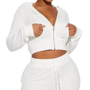 Conjunto de sudaderas con capucha para mujer, de corte holgado, color liso, cortas, con cremallera, manga larga, de tejido grueso, con logotipo personalizado, de fabricante - Product Image 4