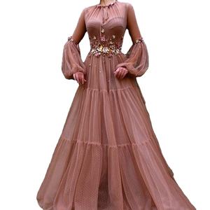 2023 femmes élégantes a-ligne robes de soirée arabe manches longues robes de bal Tulle Appliques broderie pour soirée formelle - Product Image 1