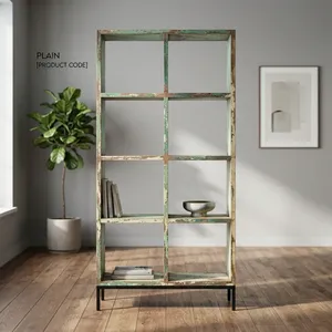 Étagère rustique en bois et fer à 8 cubes avec étagères ouvertes et finition vieillie pour le rangement dans le salon - Product Image 4