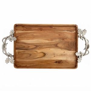 Luxury Design Wood Serving Platter With Gold Leaf Branch Handles Decorative Wooden Tray With Bird Motif For <b>Coffee</b> <b>Table</b> Home - Product Image 5