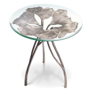 Modern Antique <b>Silver</b> Iron Ginkgo Leaf Cluster <b>Round</b> Glass End <b>Table</b> Eco Friendly Living Room Side <b>Table</b> - Product Image 1