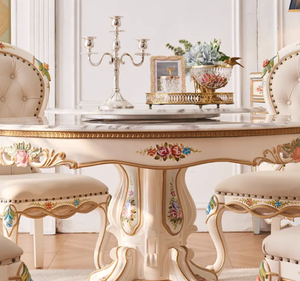 ชุดโต๊ะรับประทานอาหารทรงกลมไม้สักแท้สุดหรู ดีไซน์ฝรั่งเศส เฟอร์นิเจอร์สำหรับรับประทานอาหาร เหมาะสำหรับโรงแรม อพาร์ตเมนต์ ผลิตในอินโดนีเซีย - Product Image 2