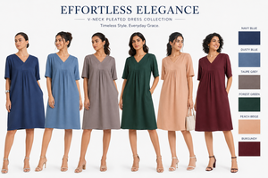 Robe midi plissée en coton bleu marine pour femme, col en V, avec poches, coupe ample décontractée, robe élégante d'été - Product Image 5