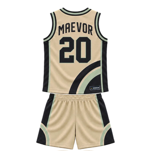 Conjunto de Uniforme de Baloncesto Personalizado para Hombre en Beige, Negro y Verde, Jersey sin Mangas con Cuello en V, Pantalones Cortos, Estampado Curvo con Nombre y Número del Equipo, Kits al por Mayor - Product Image 2