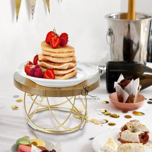 Elegant Wooden Cake <b>Stand</b> With Gold Metal Wire Curved Base. Tabletop Display Round Shape <b>Cupcake</b> <b>Stand</b> For Parties & Cafes - Product Image 4