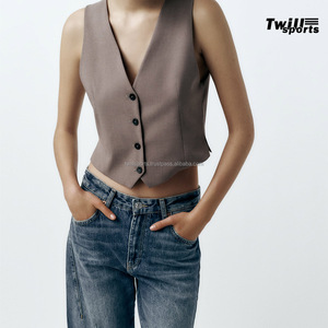 Top corto OEM para mujer, chaleco sin mangas, trajes elegantes de calle, botones, Color básico, algodón orgánico, lona transpirable - Product Image 3