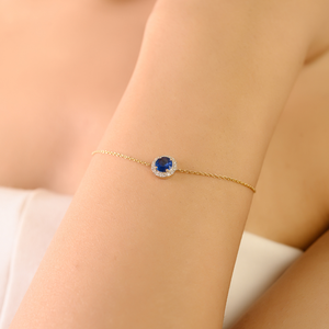 Simple Women Design Graduation Gift 14K Real Yellow <b>Gold</b> Round Cut Blue Sapphire & Diamond Minimalist Gemstone Halo Bracelet - Product Image 4
